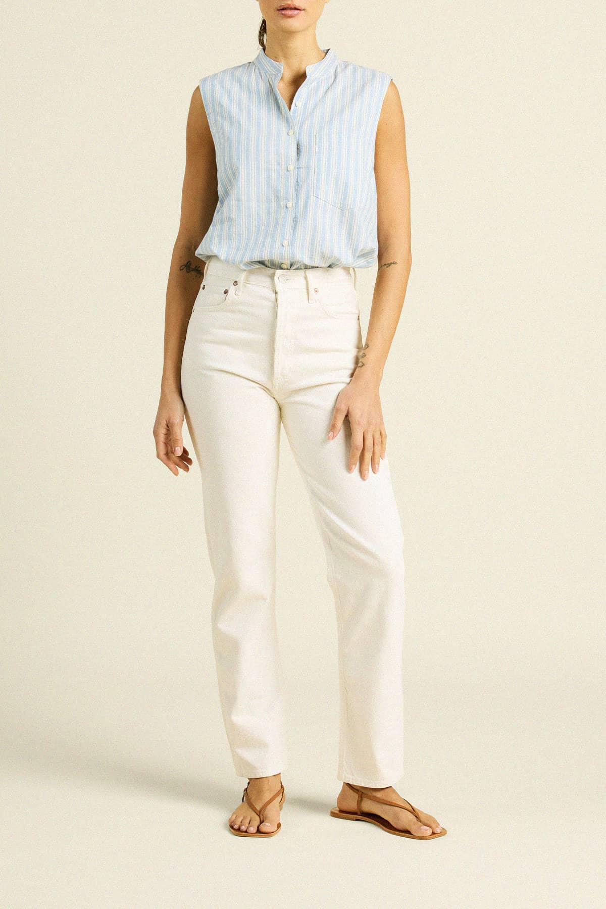 Eres Sleeveless Shirt Blue Oxford Stripe
