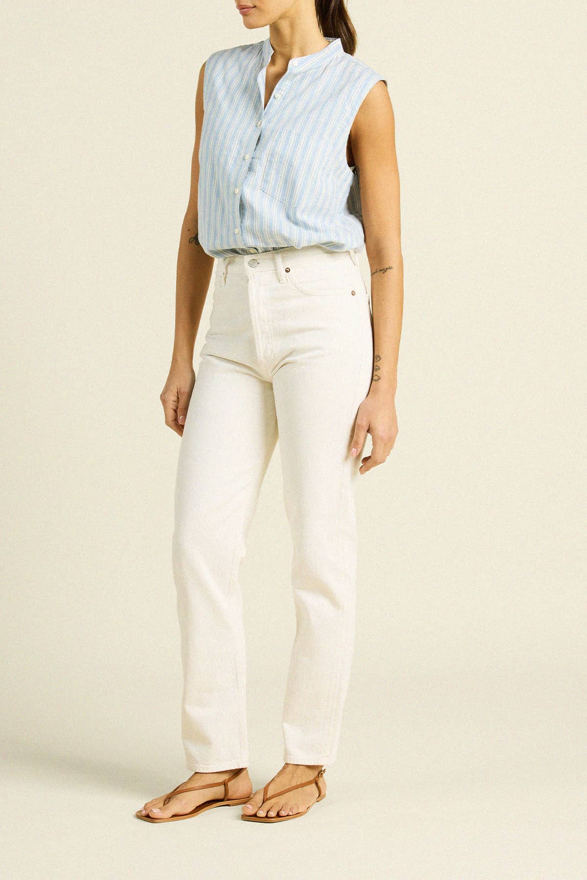 Eres Sleeveless Shirt Blue Oxford Stripe