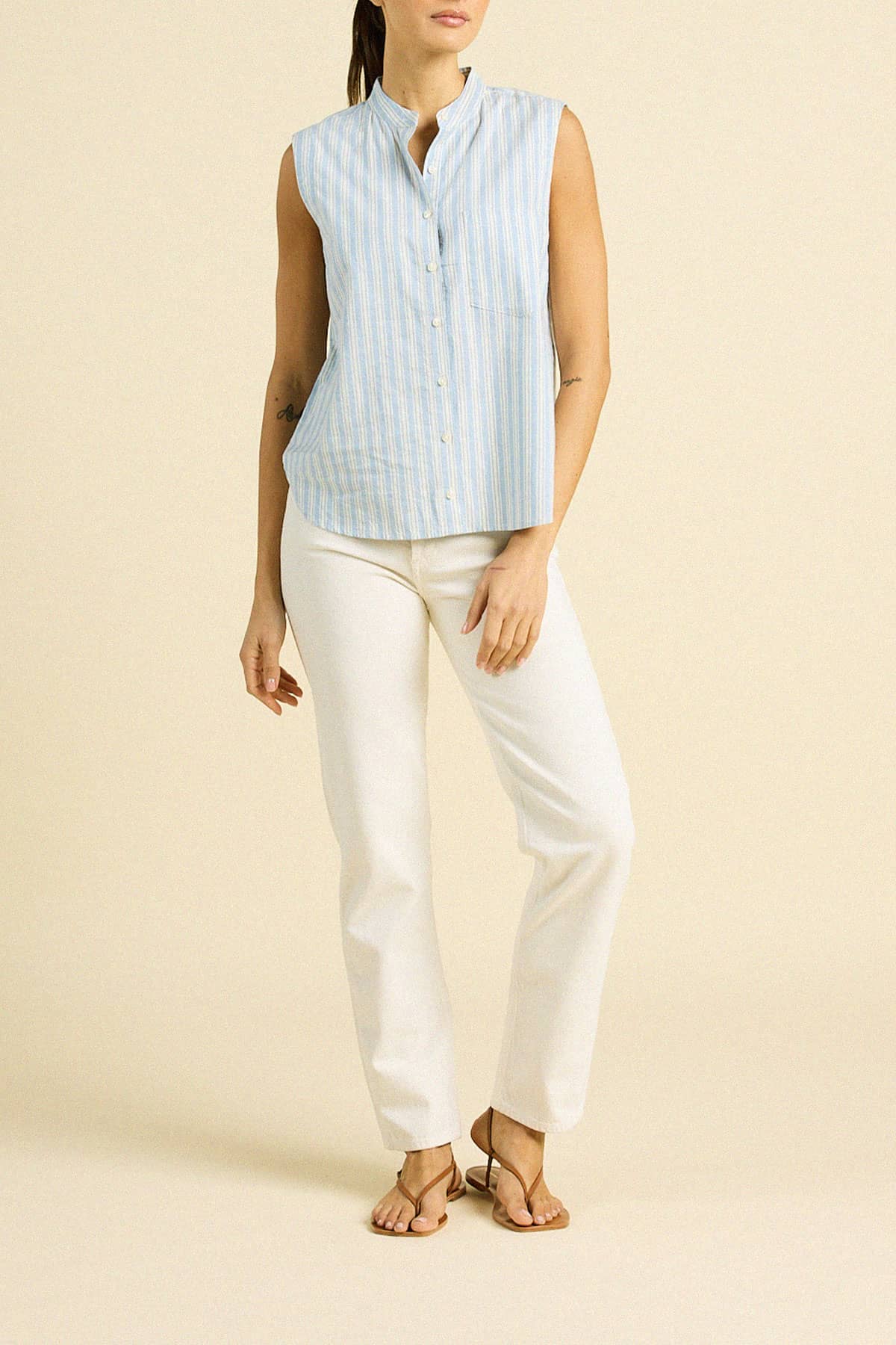 Eres Sleeveless Shirt Blue Oxford Stripe