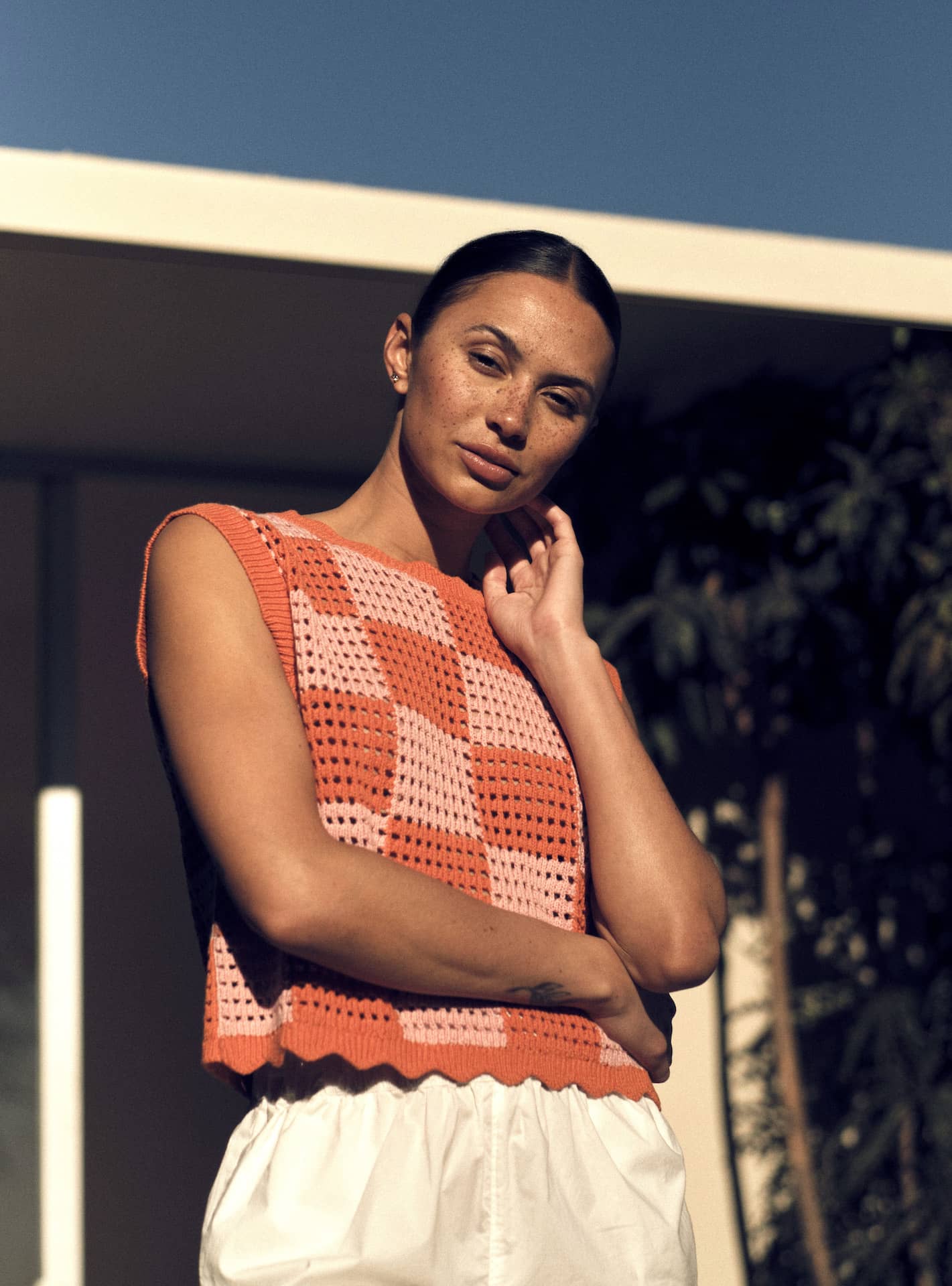 Bree Sweater Tank Pink/Orange Check