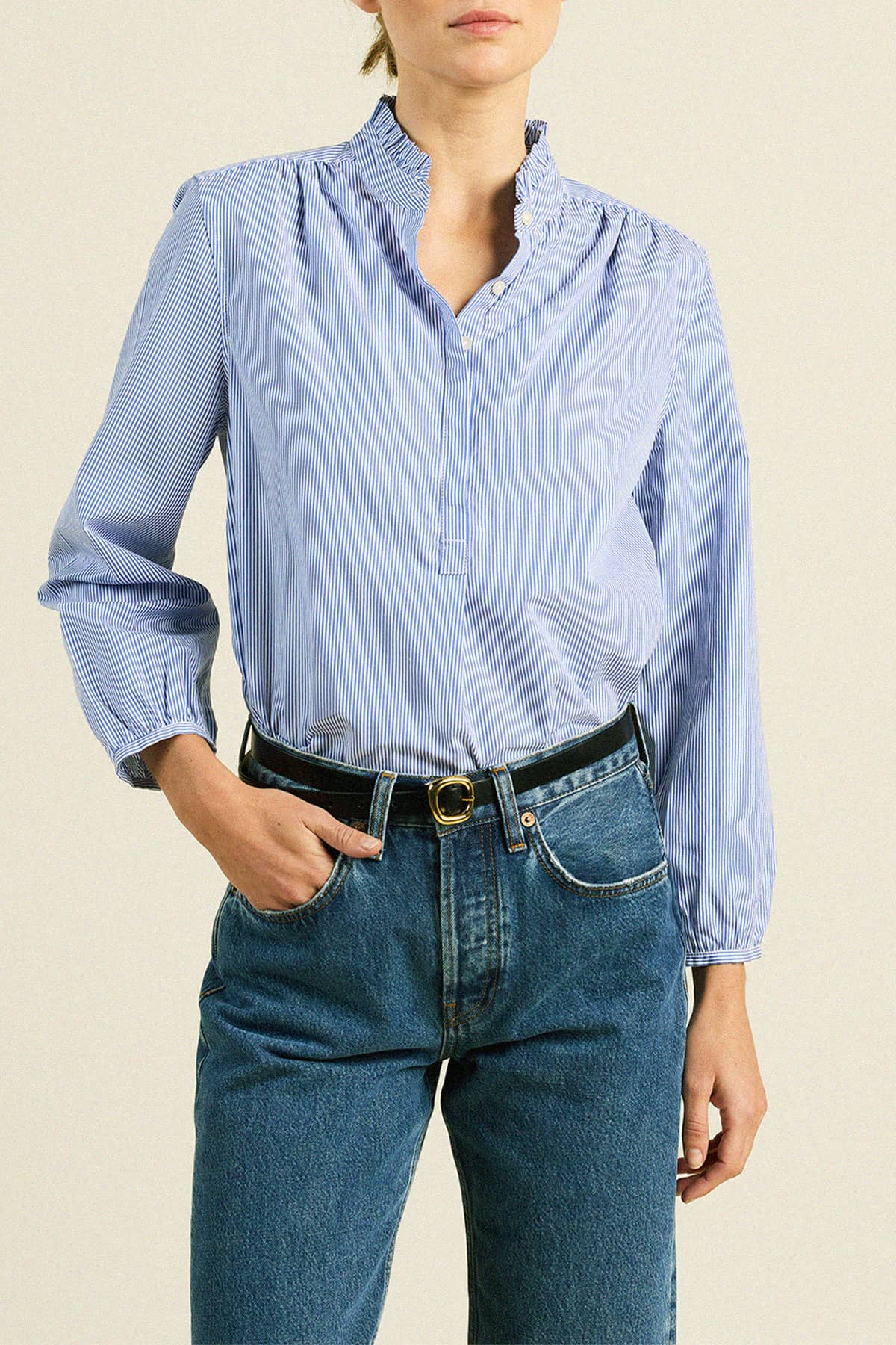 Sara B Henley Shirt Blue/White Stripe