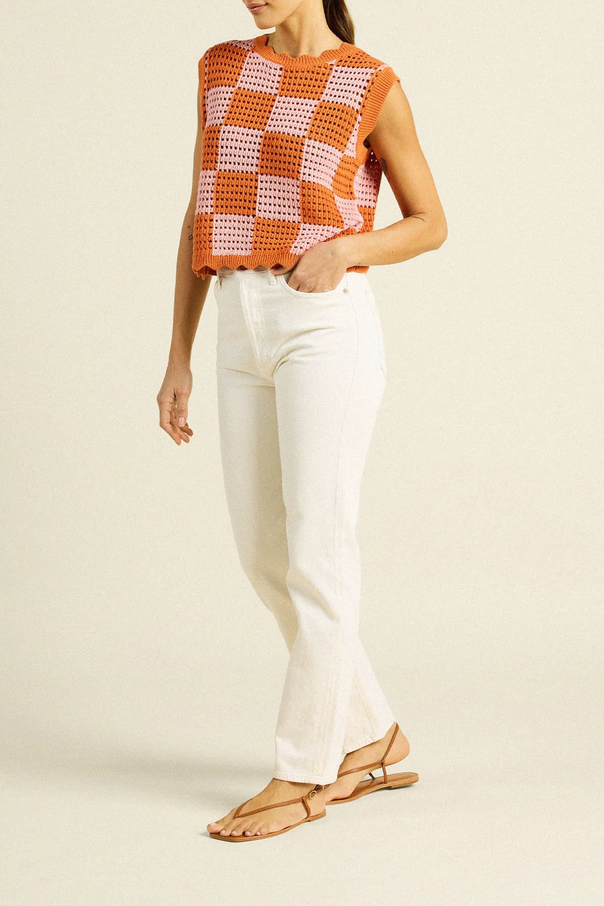 Bree Sweater Tank Pink/Orange Check