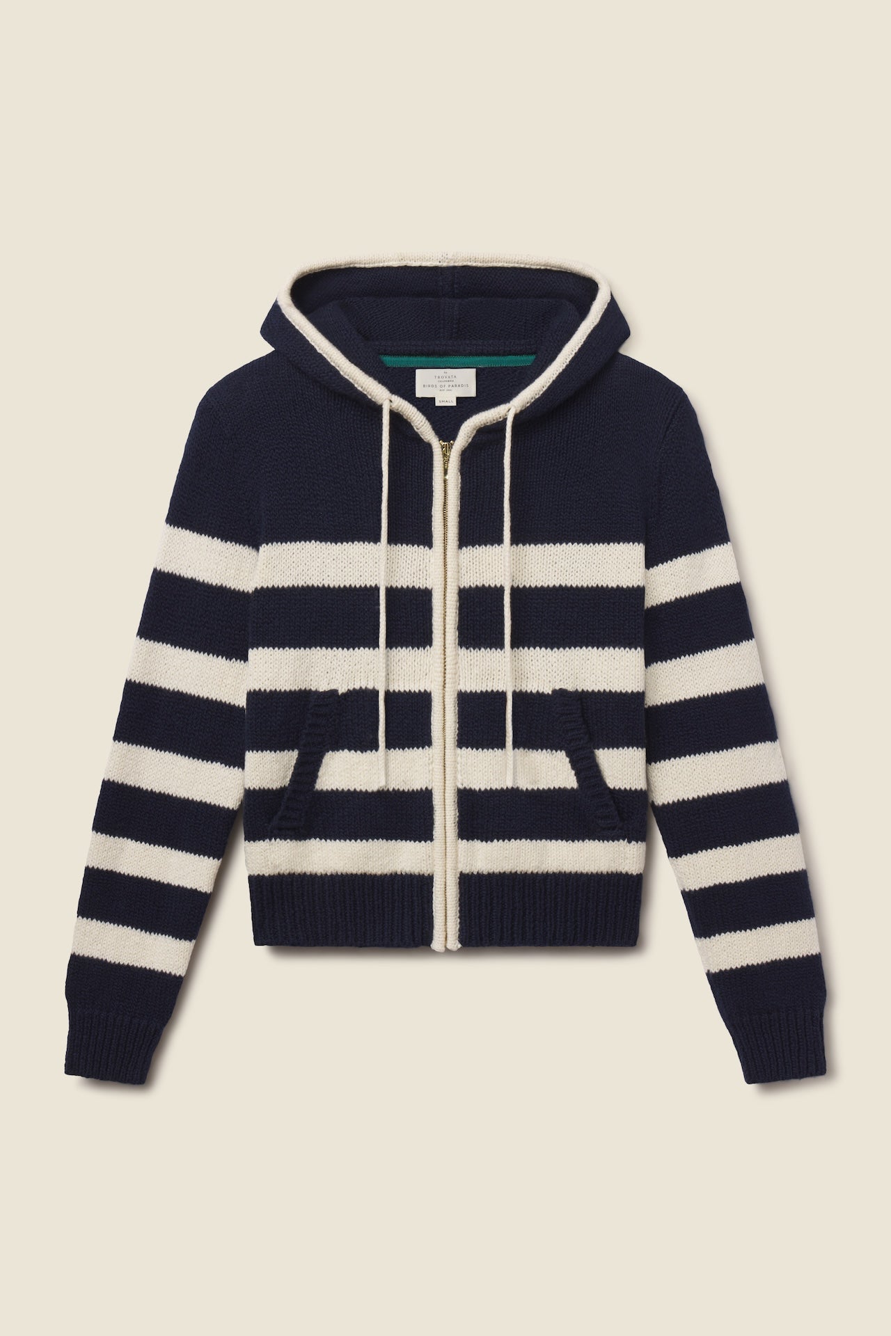 Trovata Rafa zip-up hoodie in Navy with Antique White Stripe, cotton