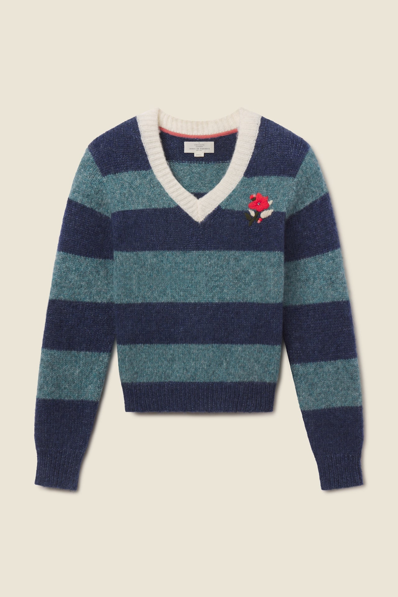 Trovata Chalet v-neck sweater in Indigo Stripe, alpaca-wool blend