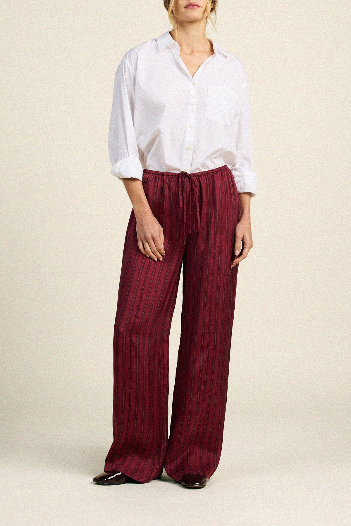 Trovata Zella pant in Garnet Stripe, cupro-viscose blend — view 2