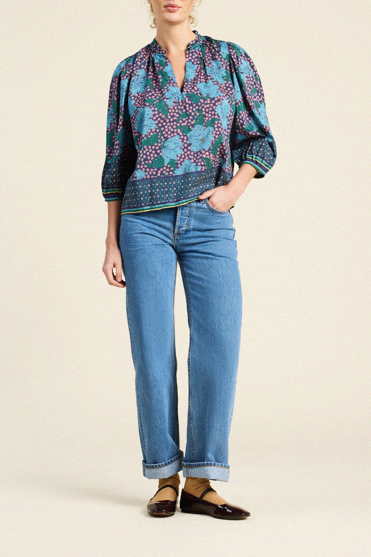 Trovata Orly blouse in Midnight Trellis, cotton-silk blend — view 3