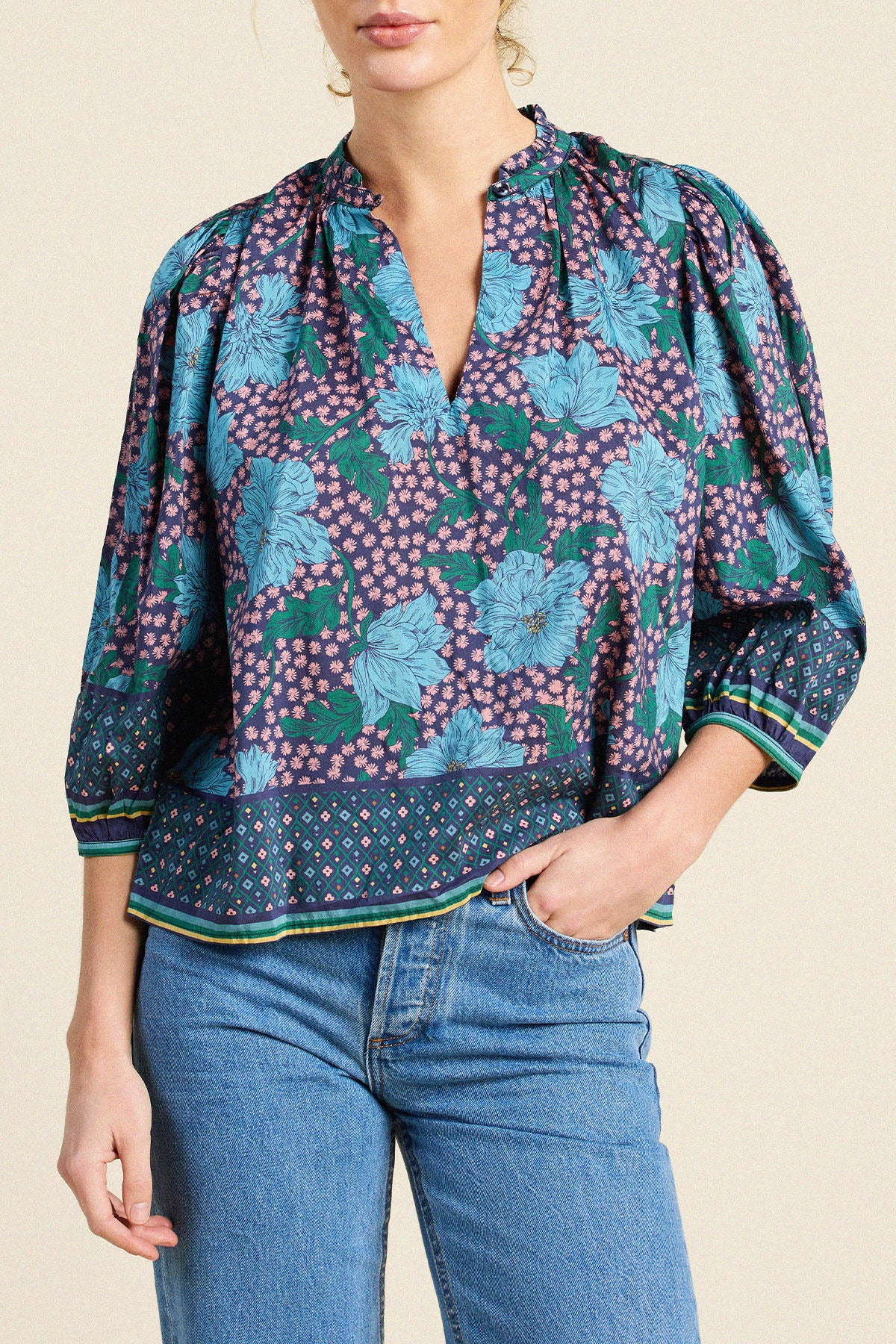 Trovata Orly blouse in Midnight Trellis, cotton-silk blend — view 2