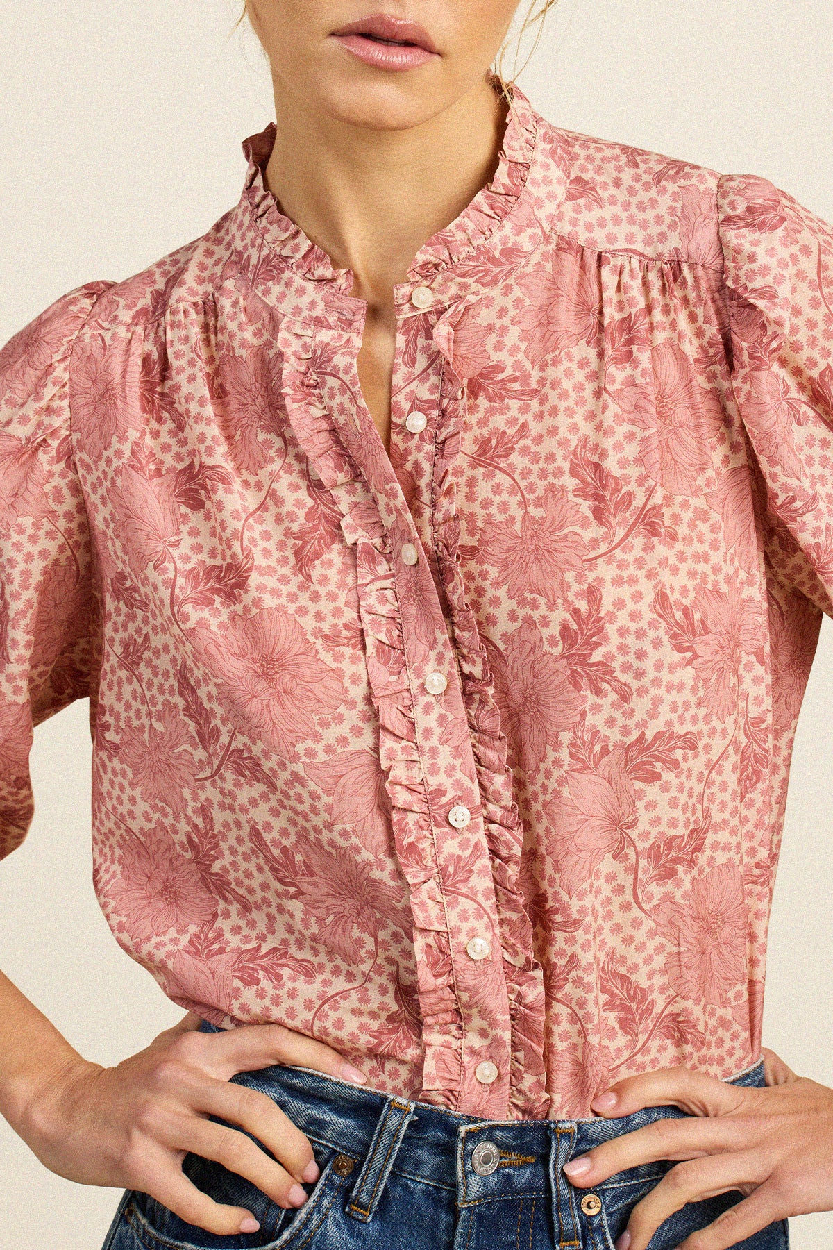 Trovata Elin shirt in Rosewater Bloom, cotton-silk blend — view 3