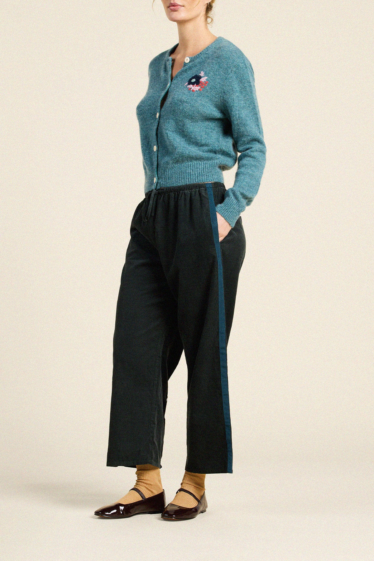 Trovata Teagan cardigan in Teal, merino wool blend — view 4