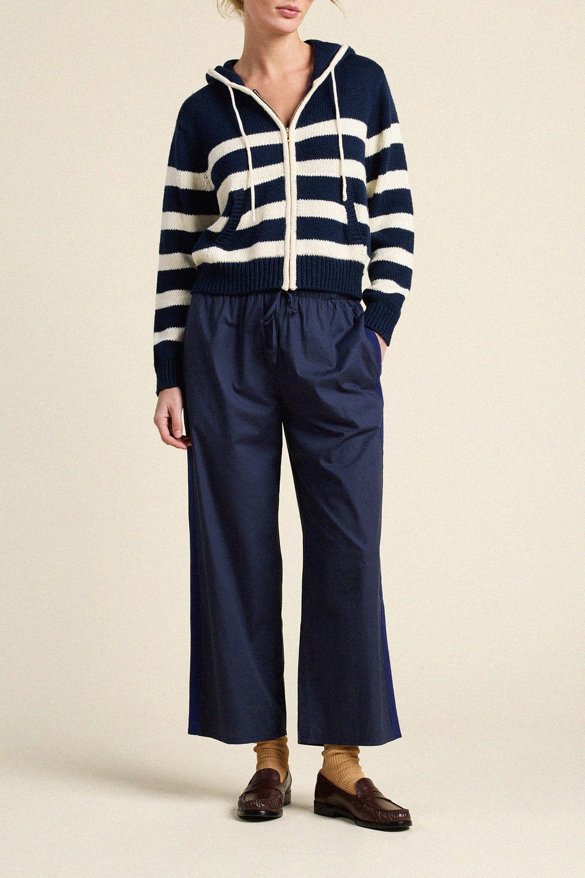 Trovata Rafa zip-up hoodie in Navy with Antique White Stripe, cotton — view 3