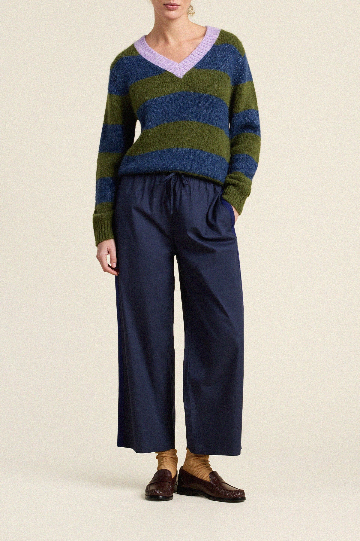 Trovata Chalet v-neck sweater in Olive Stripe, alpaca-wool blend — view 3
