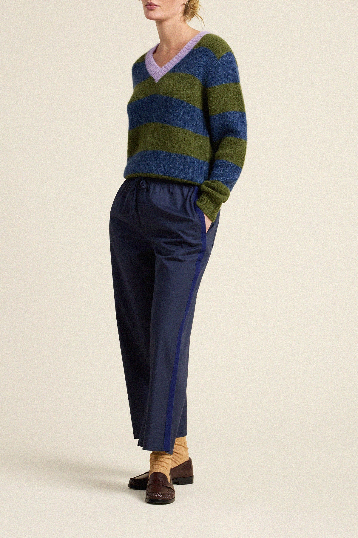Trovata Chalet v-neck sweater in Olive Stripe, alpaca-wool blend — view 4