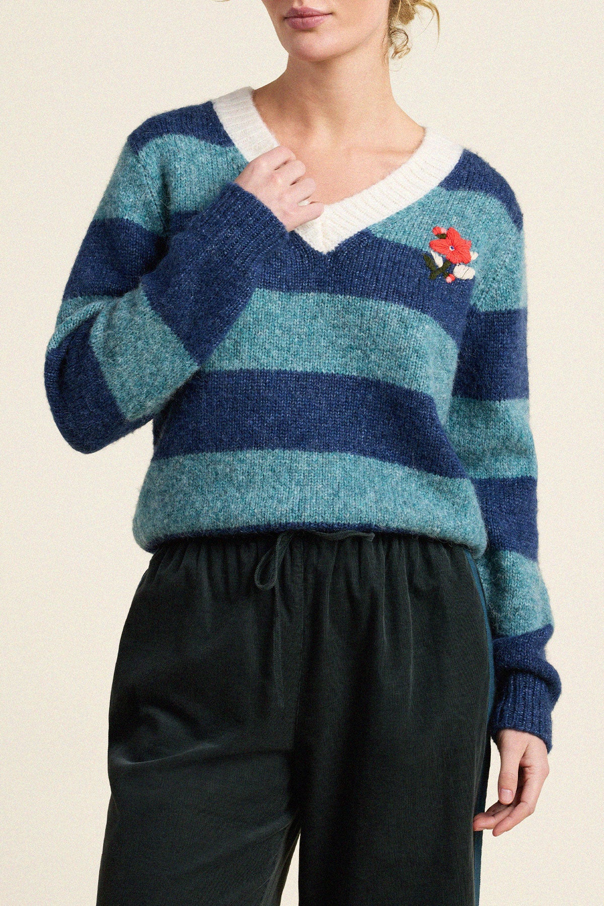 Trovata Chalet v-neck sweater in Indigo Stripe, alpaca-wool blend — view 3