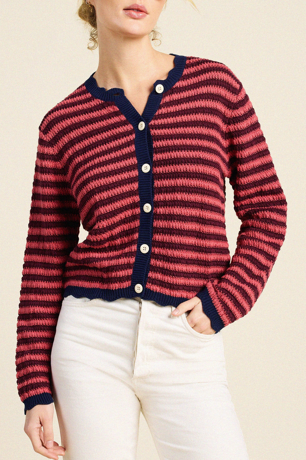 Trovata Vento cardigan in Pink Stripe, cotton — view 2