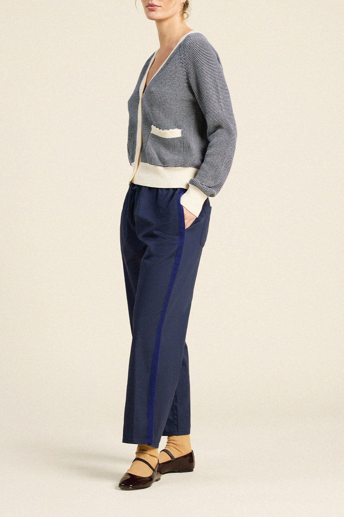 Trovata Meredith cardigan in Navy with Antique White Stripe, cotton — view 4