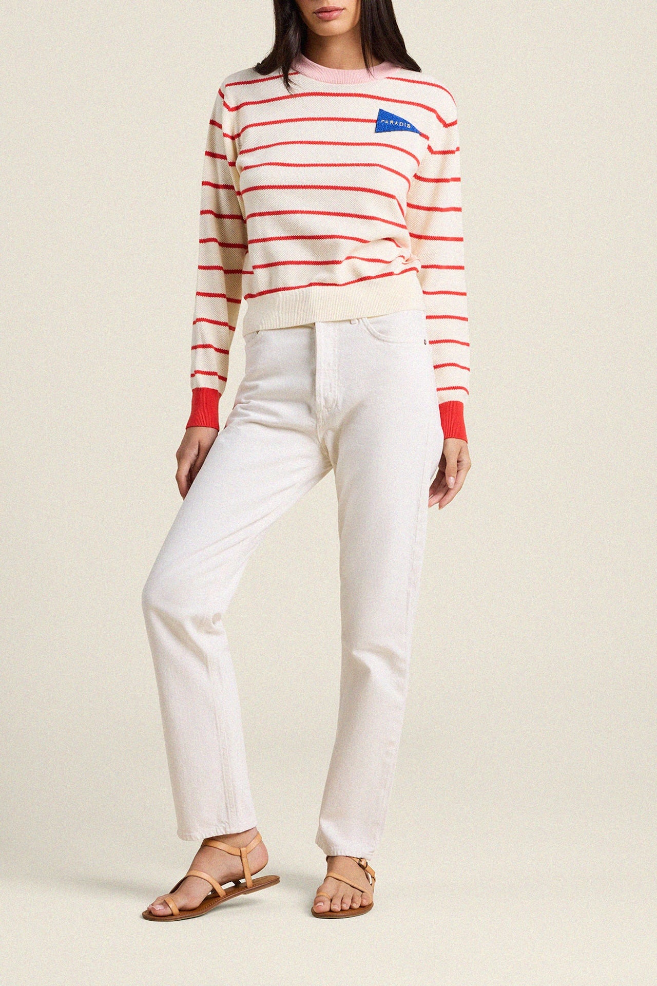 Cleo Sweater Antique White W/ Red Stripe