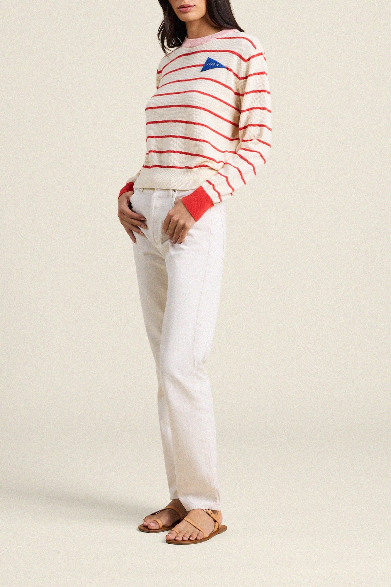 Cleo Sweater Antique White W/ Red Stripe