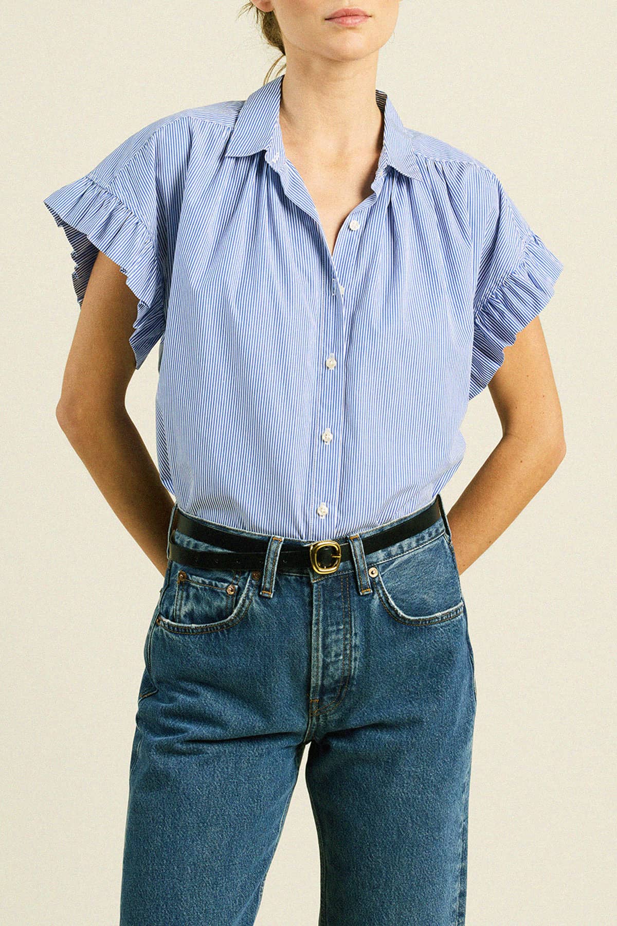 Marianne B Ruffle Sleeve Shirt Blue/White Stripe