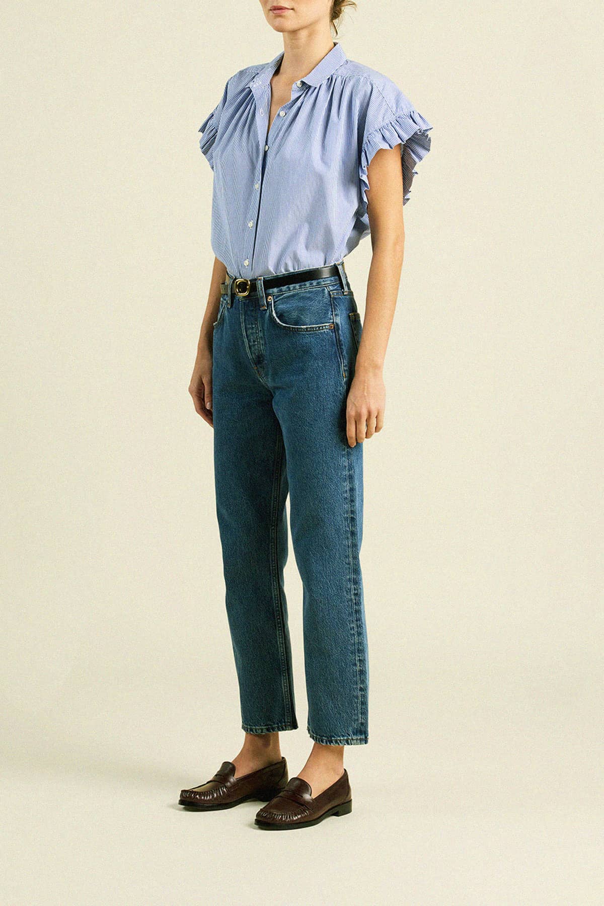 Marianne B Ruffle Sleeve Shirt Blue/White Stripe