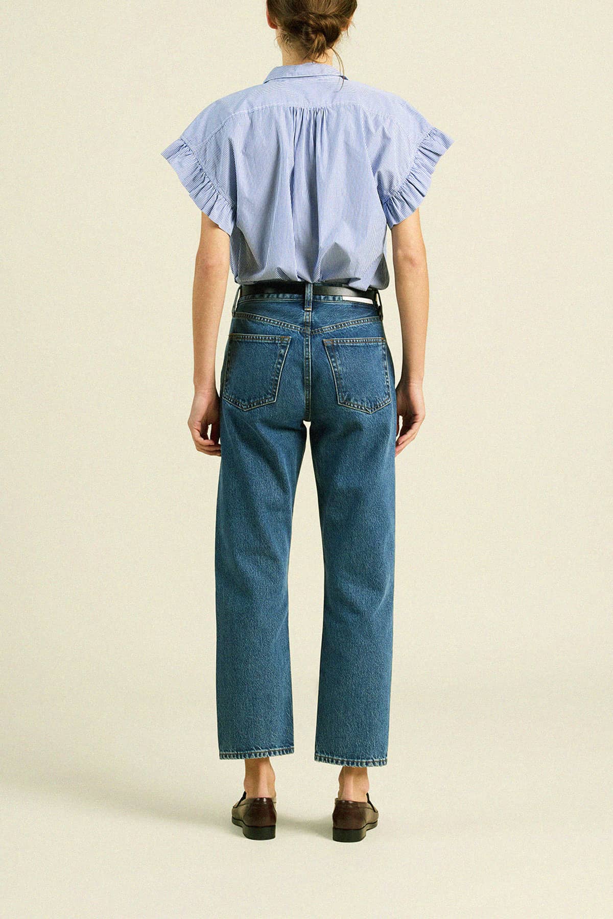 Marianne B Ruffle Sleeve Shirt Blue/White Stripe