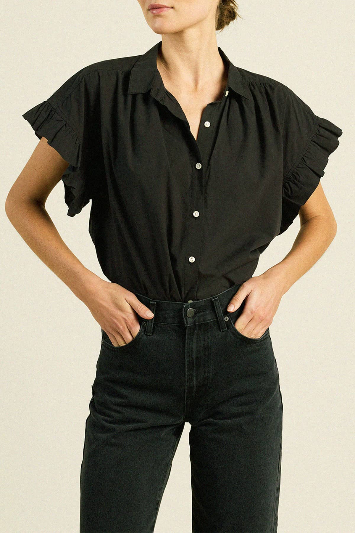 Marianne B Ruffle Sleeve Shirt Black Poplin