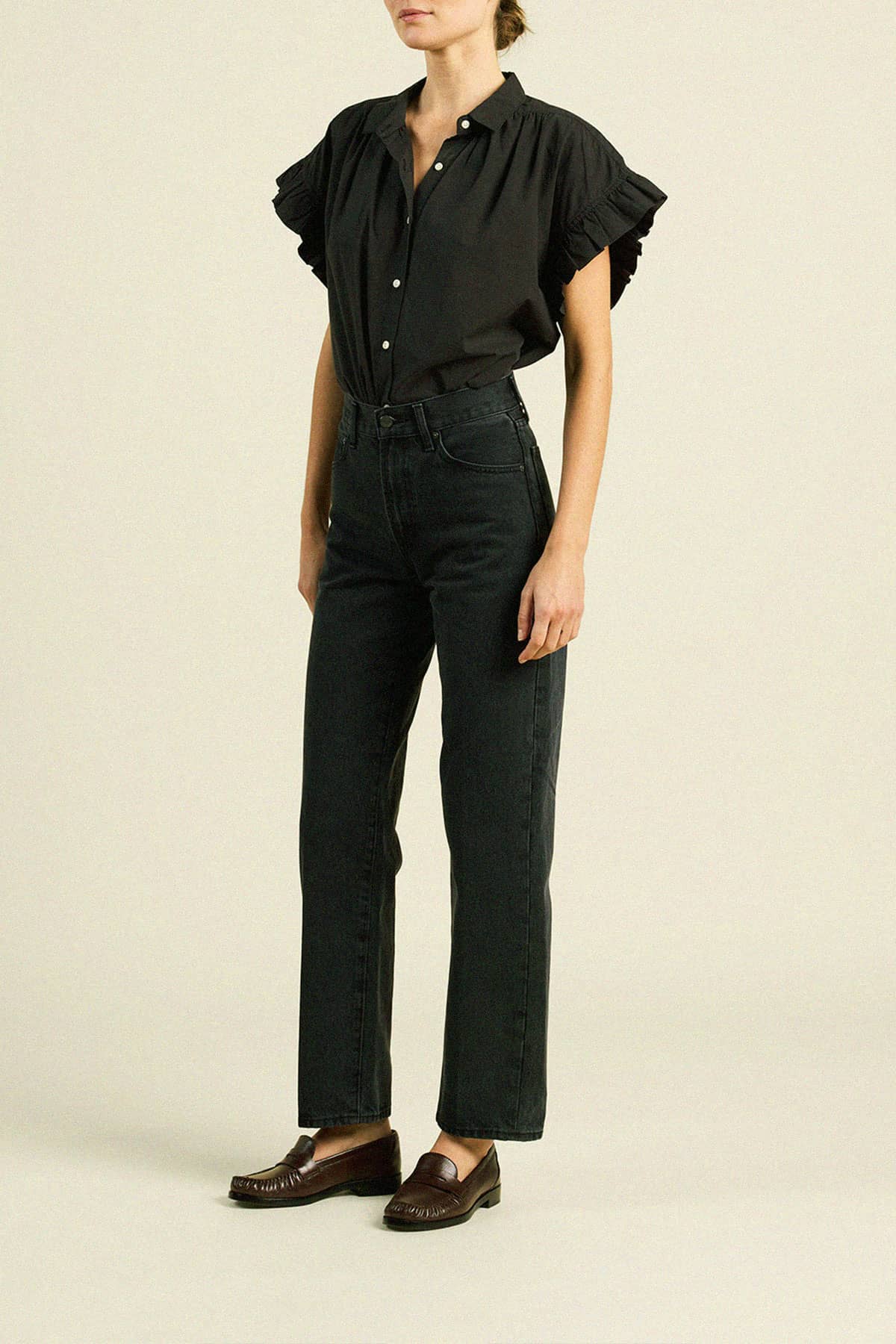 Marianne B Ruffle Sleeve Shirt Black Poplin