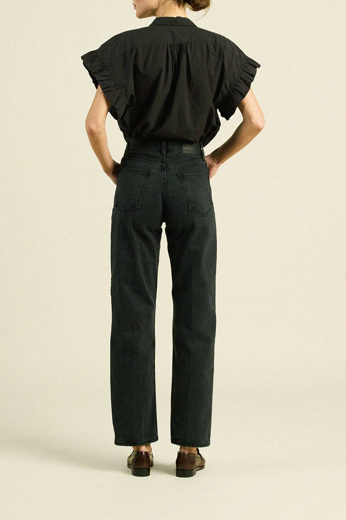 Marianne B Ruffle Sleeve Shirt Black Poplin