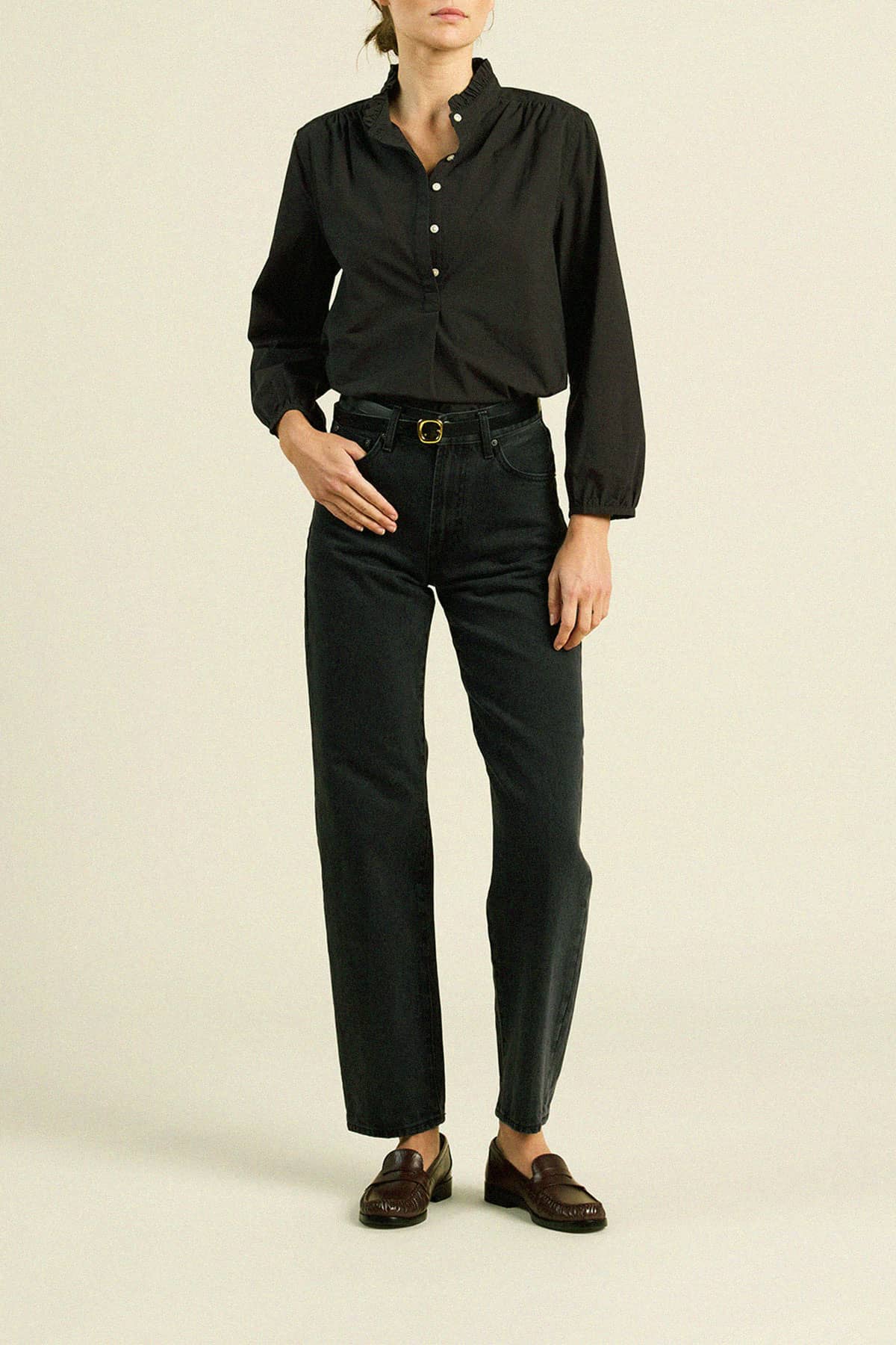 Sara "B" Henley Shirt Black Poplin