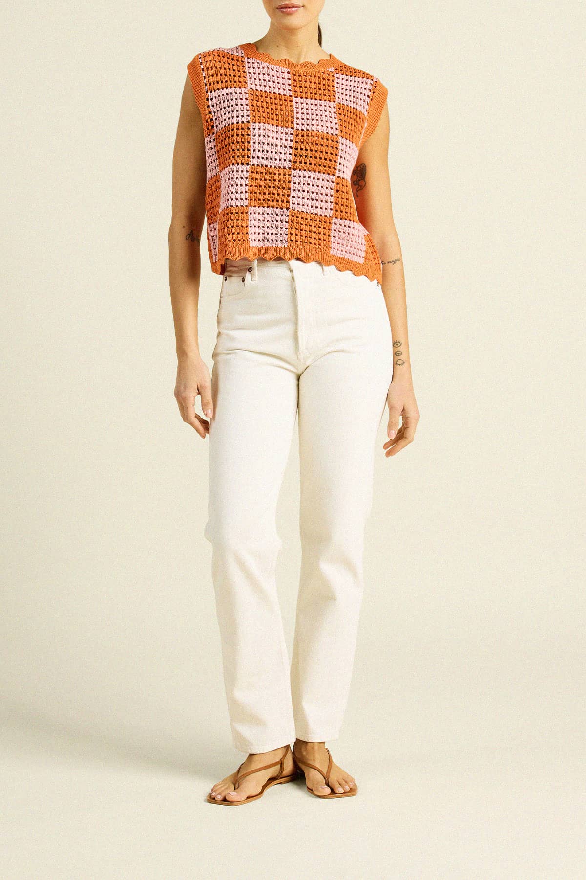 Bree Sweater Tank Pink/Orange Check
