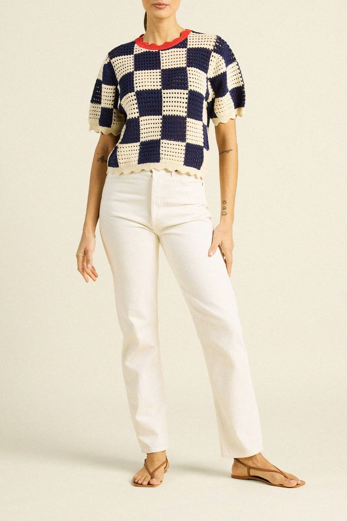Jules Sweater T-Shirt Navy/Antique White Check