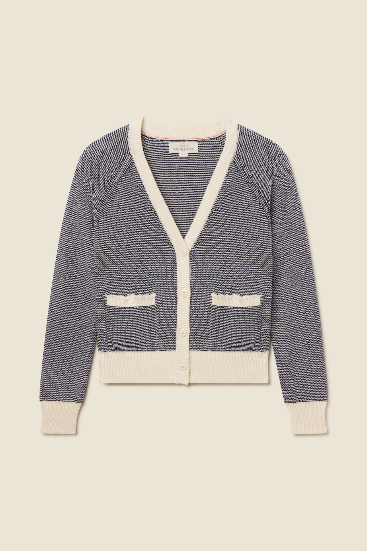 Trovata Meredith cardigan in Navy with Antique White Stripe, cotton