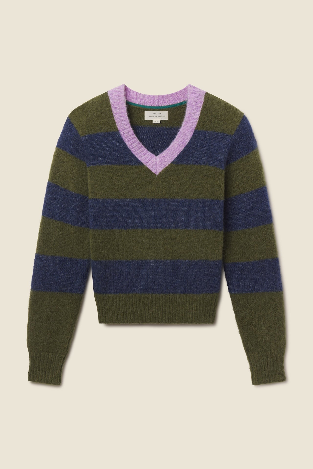 Trovata Chalet v-neck sweater in Olive Stripe, alpaca-wool blend