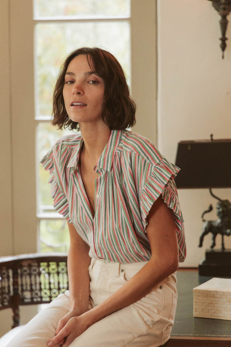 Marianne "B" Ruffle Sleeve Shirt Honeysuckle Stripe
