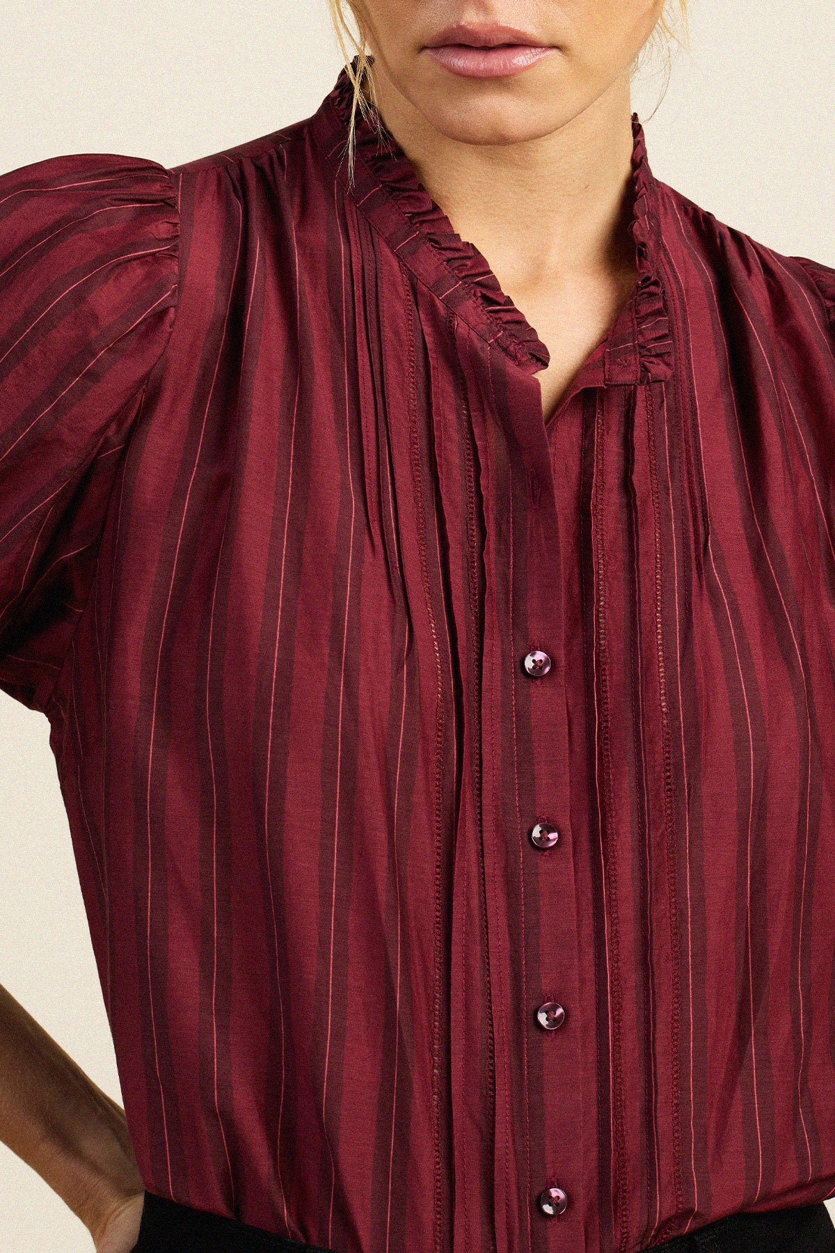 Trovata Mira blouse in Garnet Stripe, cotton-silk blend — view 2