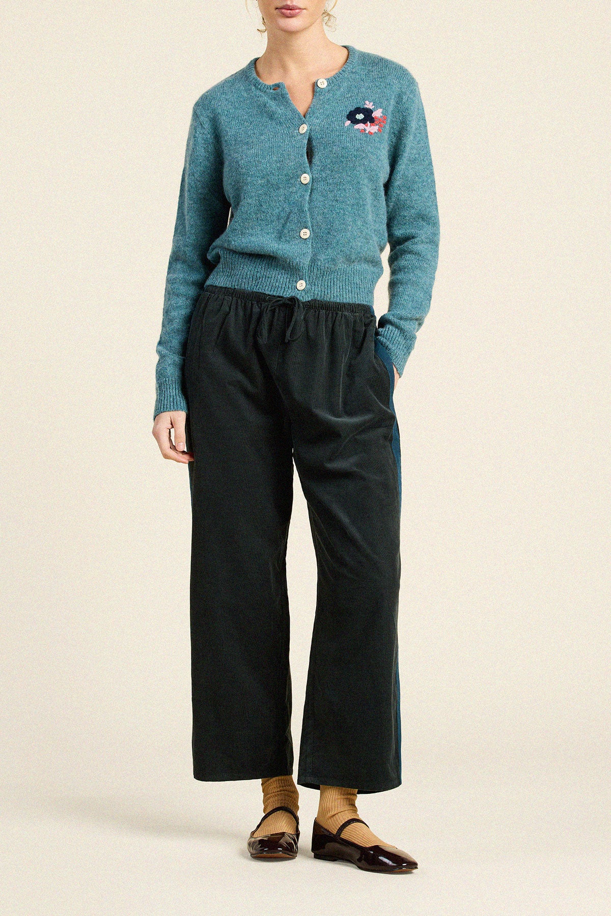 Trovata Teagan cardigan in Teal, merino wool blend — view 3