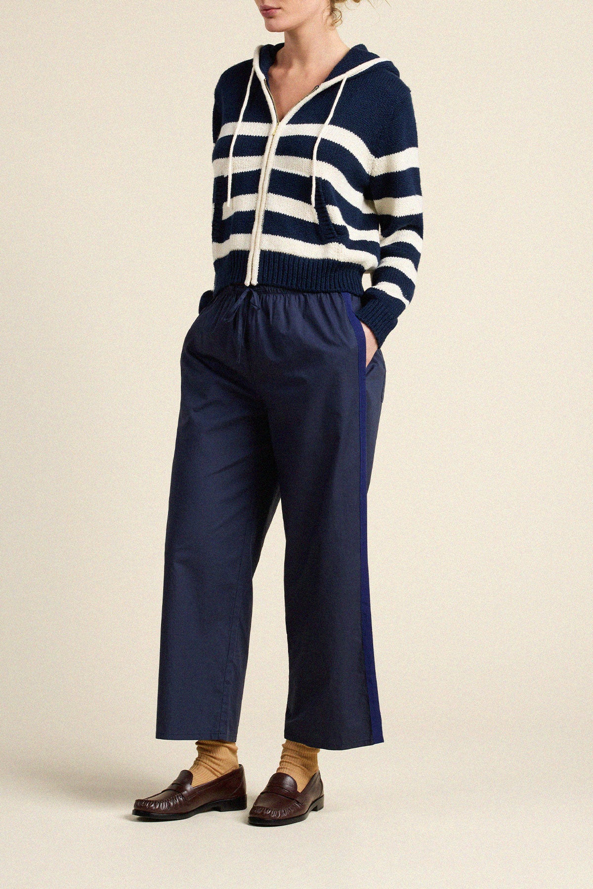 Trovata Rafa zip-up hoodie in Navy with Antique White Stripe, cotton — view 4
