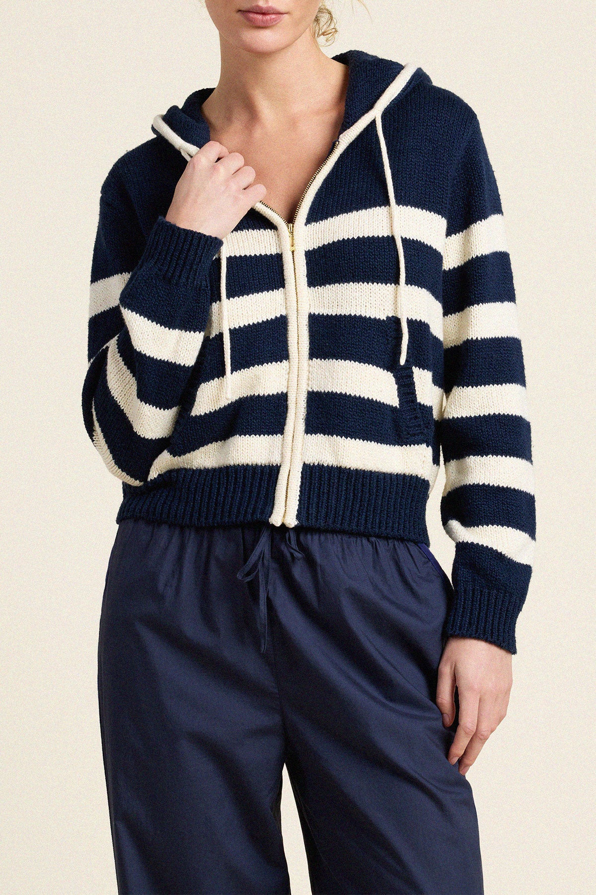 Trovata Rafa zip-up hoodie in Navy with Antique White Stripe, cotton — view 2