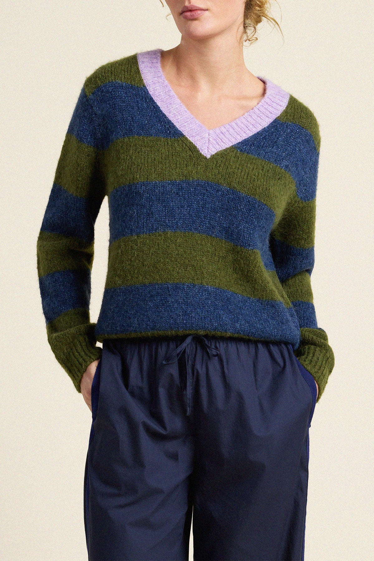 Trovata Chalet v-neck sweater in Olive Stripe, alpaca-wool blend — view 2