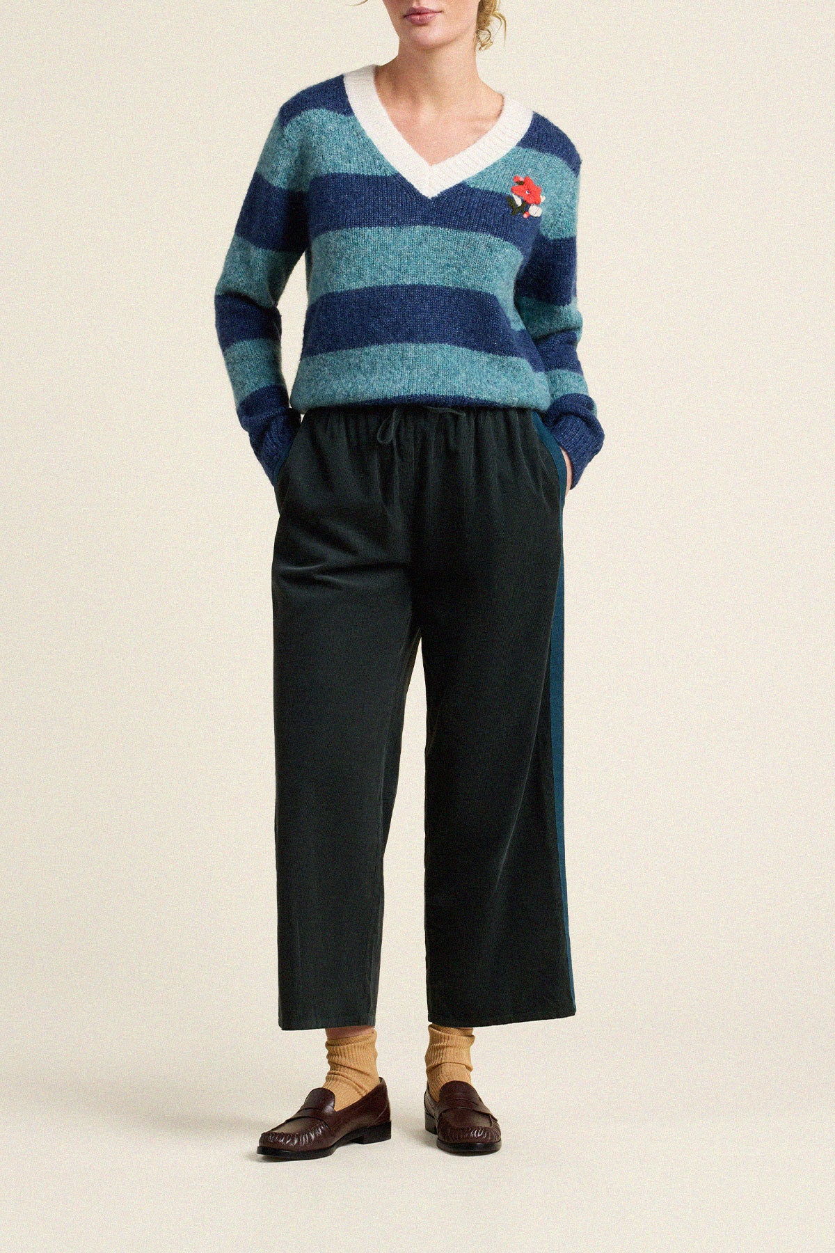 Trovata Chalet v-neck sweater in Indigo Stripe, alpaca-wool blend — view 4