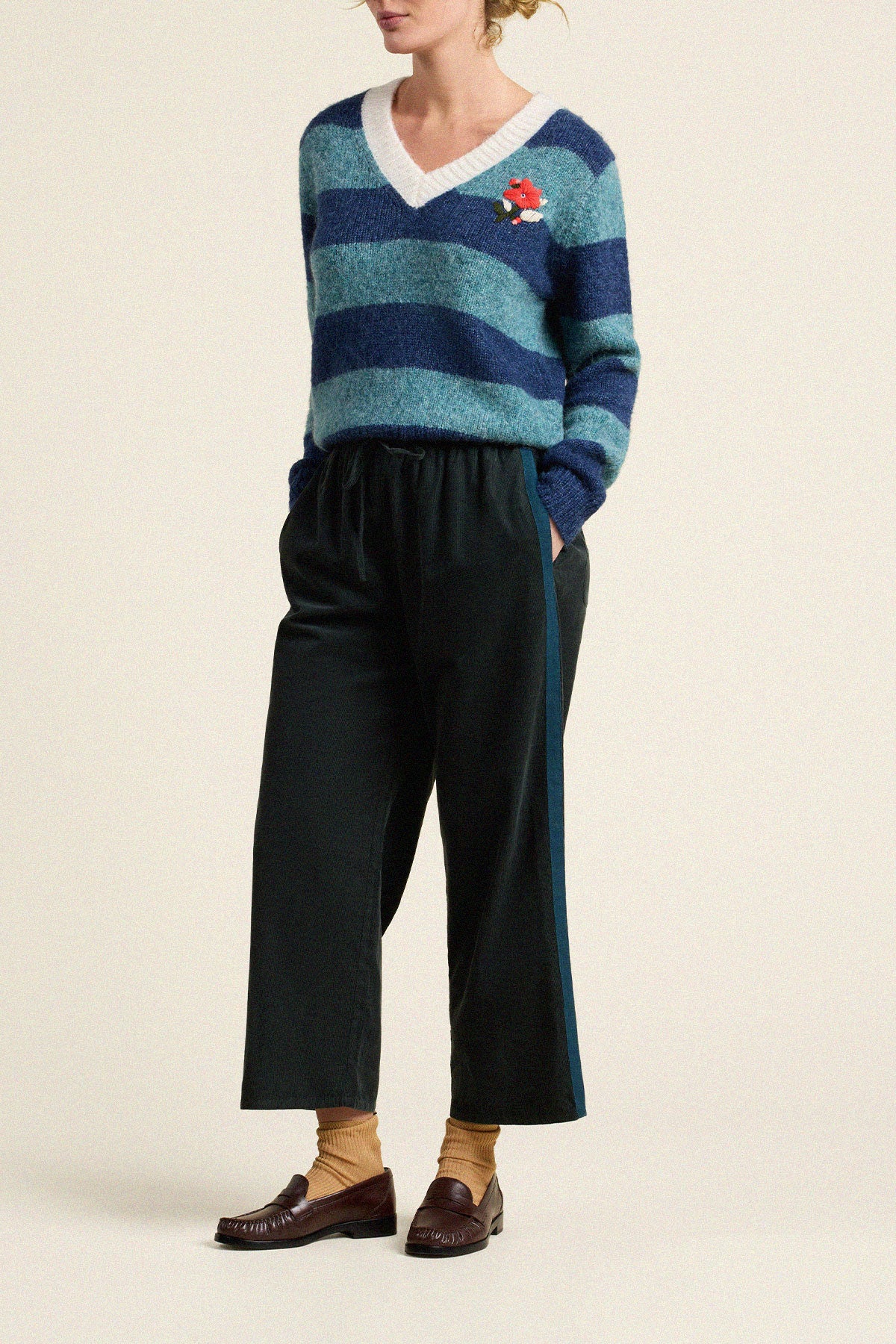 Trovata Chalet v-neck sweater in Indigo Stripe, alpaca-wool blend — view 5