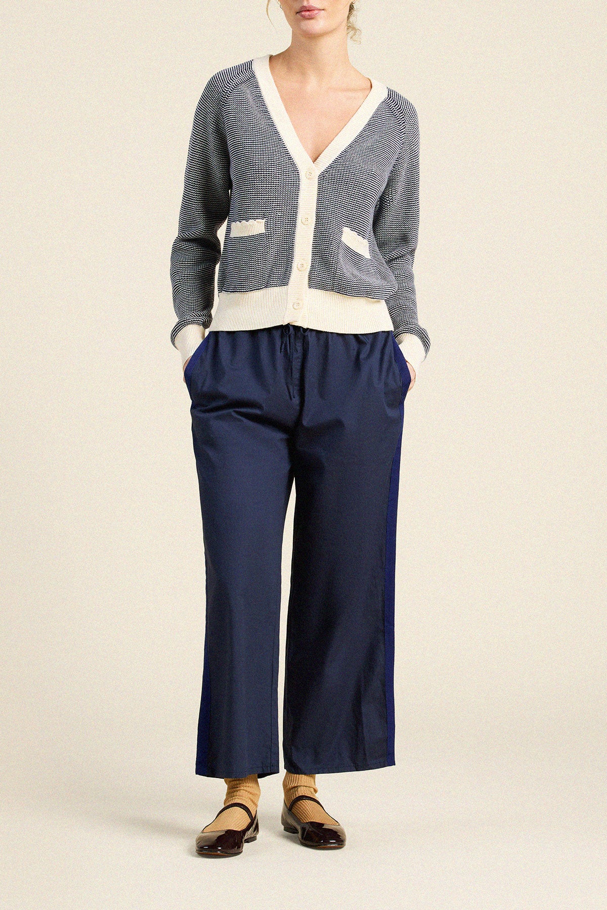 Trovata Meredith cardigan in Navy with Antique White Stripe, cotton — view 3
