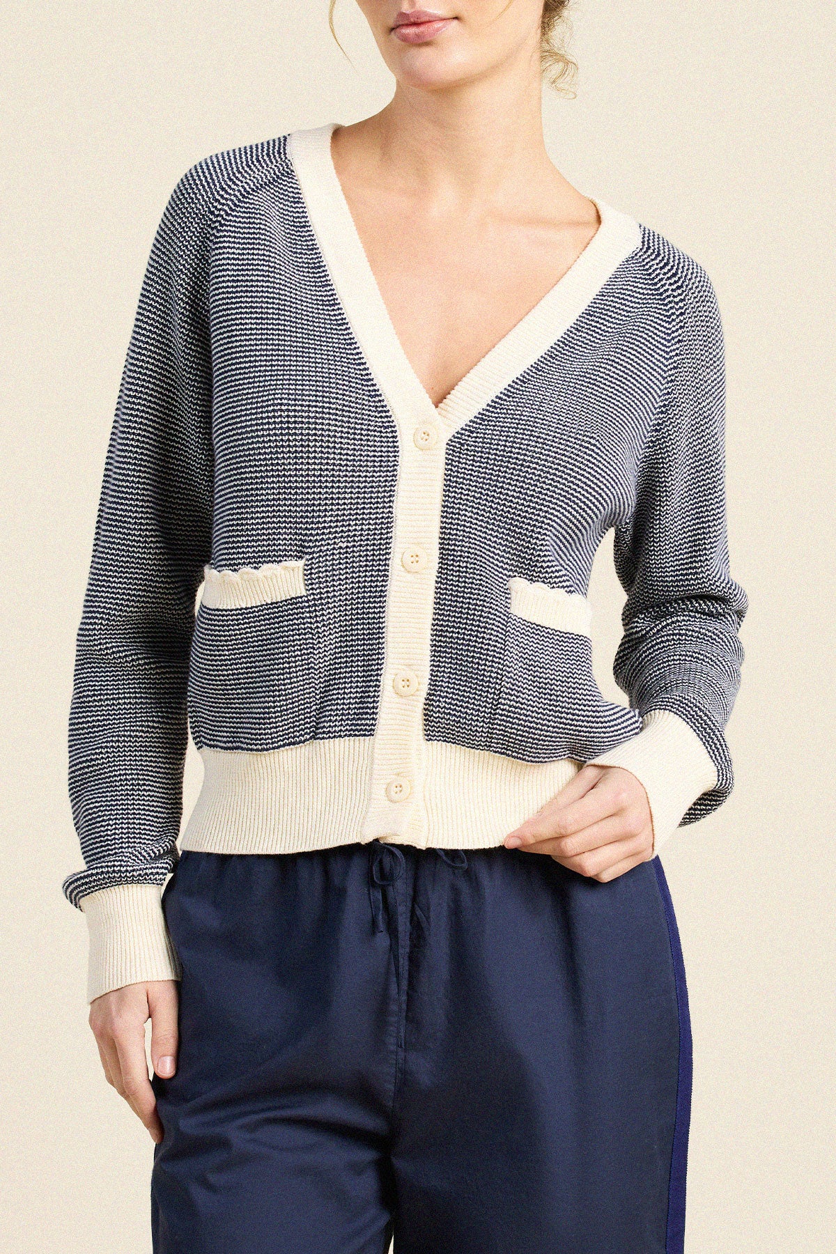 Trovata Meredith cardigan in Navy with Antique White Stripe, cotton — view 2