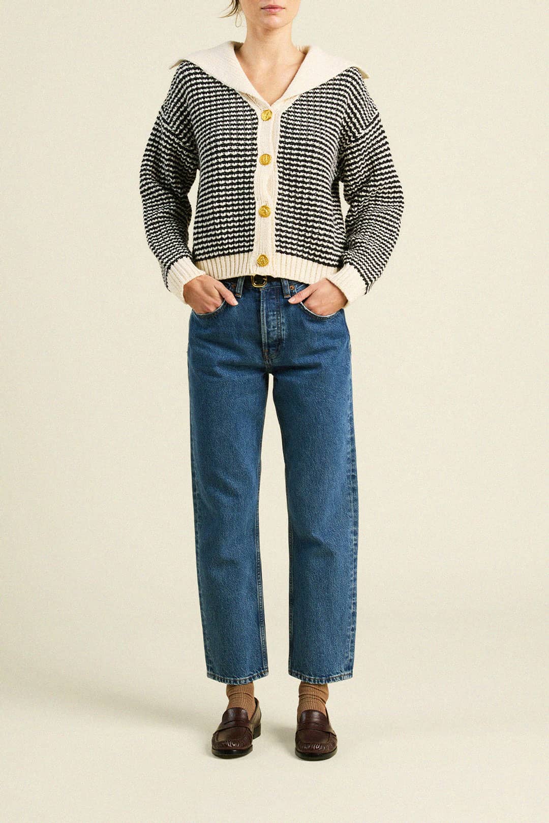 Savannah Cardigan Antique White & Black Stripe