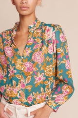 Quincy Blouse Teal Dahlia