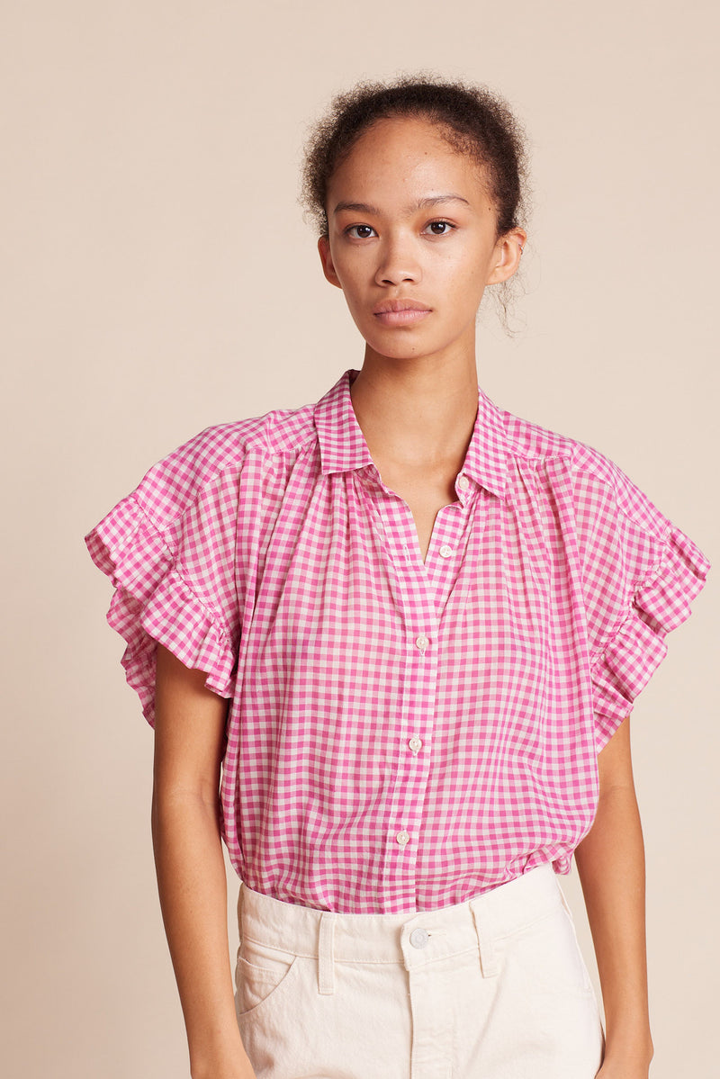 Marianne "B" Ruffle Sleeve Shirt Raspberry Check