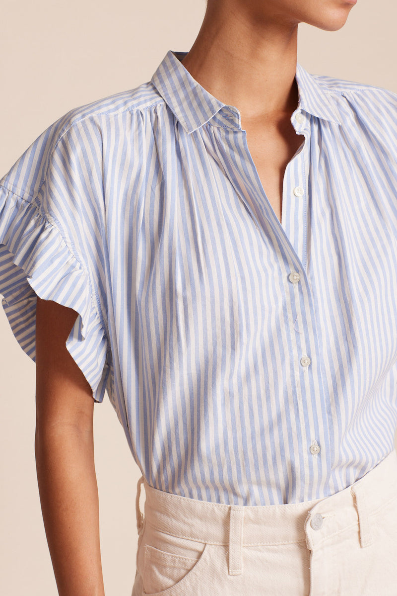 Marianne "B" Ruffle Sleeve Shirt Blue Oxford Stripe