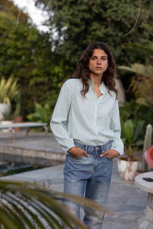 Sara "B" Henley Shirt Aquifer Stripe