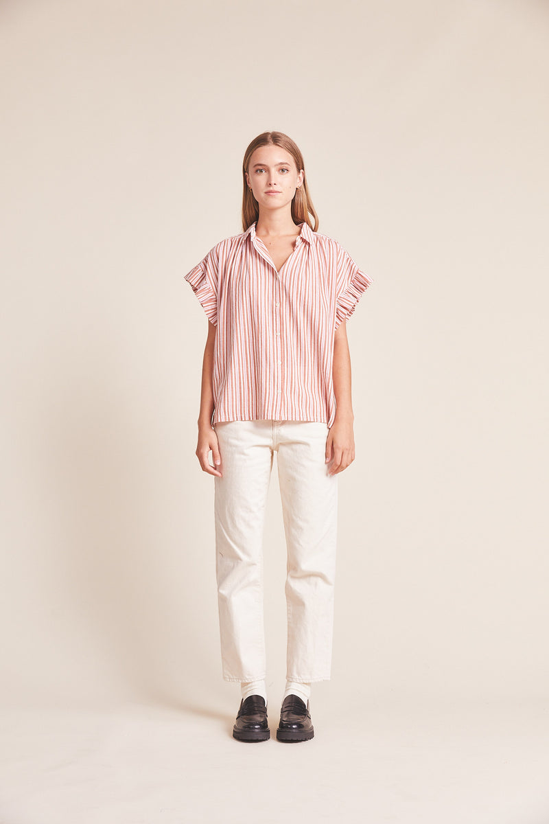 Marianne "B" Ruffle Sleeve Shirt Tanner Stripe