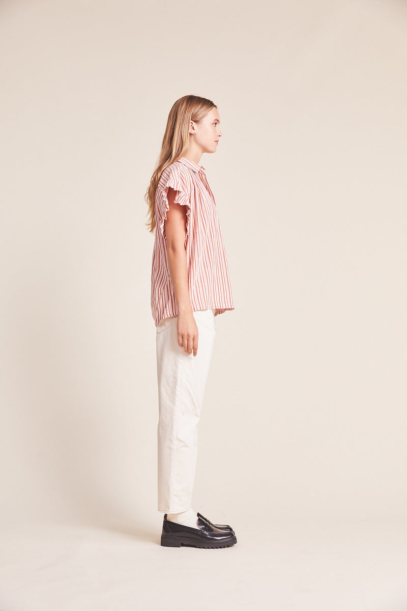 Marianne "B" Ruffle Sleeve Shirt Tanner Stripe