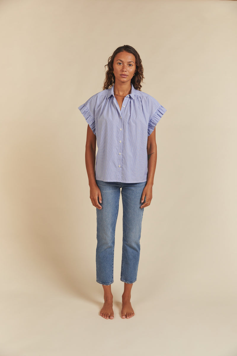 Marianne B Ruffle Sleeve Shirt Blue/White Stripe